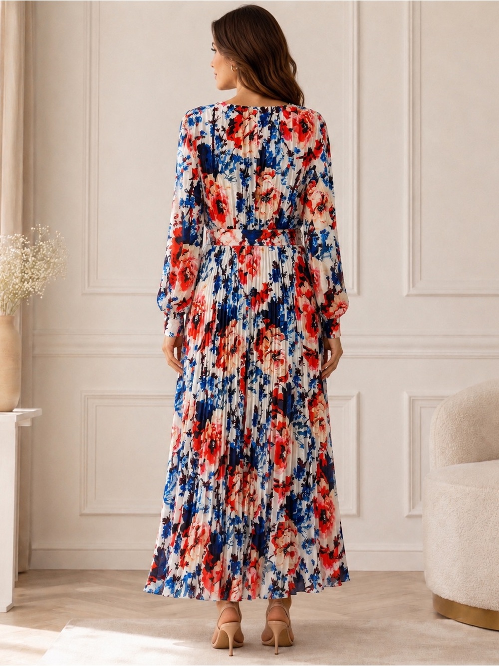 Beulah Red, Blue & White Floral Pleated Maxi Dress - Picture 2 of 5